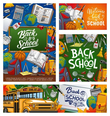 Back to school inscription on green chalkboard, welcome to study invitation. Vector stationery supplies, bus and backpack, calculator and textbook. Maths and Geometry, Geography and Physics lessonsのイラスト素材