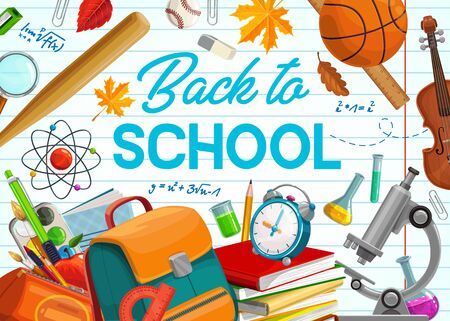Back to school, education supplies and student classes items on copybook background. Vector back to school poster, chemistry beaker and biology microscope, pens and pencils in school bagのイラスト素材