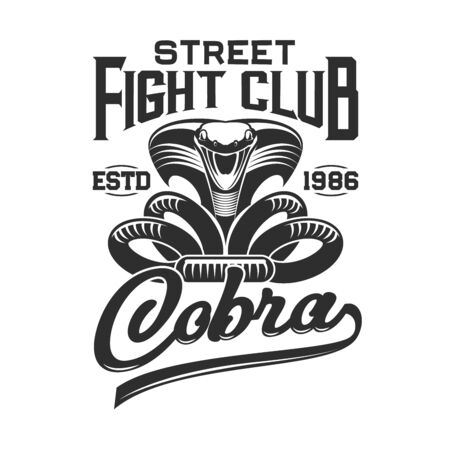 Attacking cobra vector print of fight club t-shirt. Apparel fashion design of snake in defensive posture with extended hood, open mouth and hand lettering. Sport uniform and activewear branding badgeのイラスト素材
