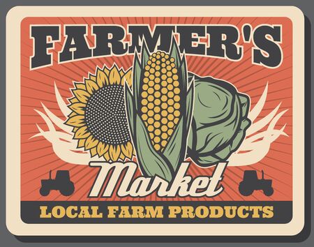 Vegetables of farmers market retro poster with vector cabbage, corn, sunflower and tractors. Fresh food products and veggies of local farms, agriculture and organic farming designのイラスト素材