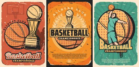 Basketball sport game championship match vector posters. Halftone orange balls, winner trophy cups and team player, arena backboard and laurel wreath. Sporting competition retro designのイラスト素材