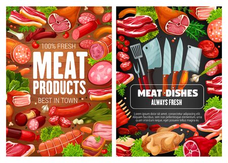 Meat food, pork and beef sausages with herbs and spices. Vector salami, ham and bacon, bbq chicken legs, turkey and frankfurter, burger patty and pepperoni frame on wooden and blackboard backgroundのイラスト素材