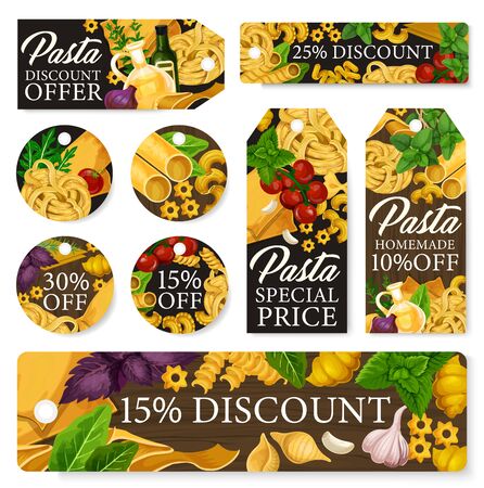 Pasta sale tags with Italian macaroni discount offers. Vector spaghetti, fusilli and penne, conchiglie, lasagna and fettuccine, cannelloni, ravioli and green herbs, tomato, spices and olive oilのイラスト素材