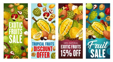 Exotic fruits sale vector banners with discount price offers of Asian tropical berries. Thai durian, pomelo and kumquat, quince, tamarind and salak, morinda, sweetsop and santol, ackee and jabuticabaのイラスト素材