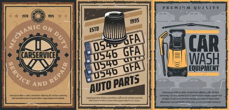 Car service, auto spare parts and car wash equipment retro posters. Vector vehicle gear wheel, bearing and auto number plates, air filter, windscreen wipers and high pressure water spray machineのイラスト素材