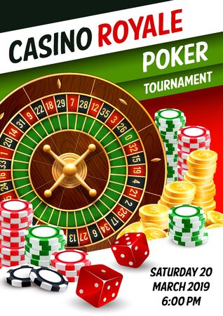 Casino poker tournament 3d vector poster with roulette, dice and chips, playing cards and golden dollar coins. Gambling sport games competition poster design, gaming industry themesのイラスト素材