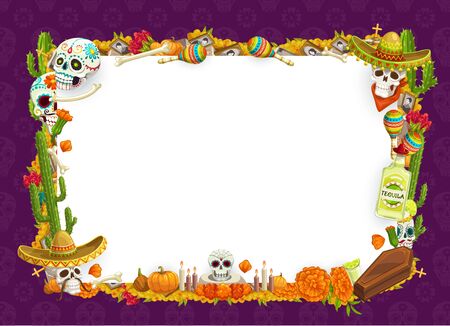 Day of Dead Mexican Dia de los Muertos holiday blank poster with calavera skulls and marigold flowers frame. Vector Day of Dead celebration, cactus tequila with candles, maracas and coffinのイラスト素材