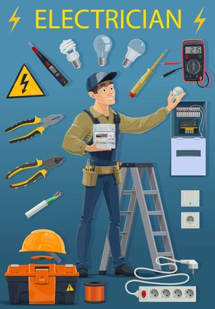 Electrician in uniform and electricity tools. Vector electric repair man and voltage tester, lamp bulbs and ladder, voltmeter and pliers. Switcher and instruments kit, power sign, helmet hard hatのイラスト素材