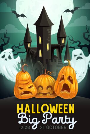 Halloween pumpkins and ghosts vector invitation of horror night party. Haunted house with full moon, scary lanterns and bats, phantoms and creepy trees, autumn holiday celebration themesのイラスト素材