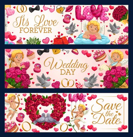 Love forever, Save the date and wedding day leaflets. Vector engagement ceremony lettering congrats and greetings. Cupids and sweets, flower bouquets wreaths, doves and air balloons, rings and heartsのイラスト素材