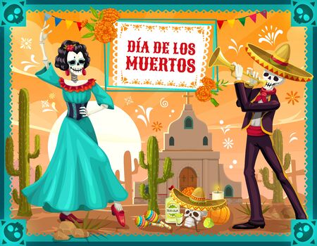 Mexican Day of the Dead dancing skeletons vector design of Dia de los Muertos holiday. Skeletons of Catrina, flamenco dancer and festival mariachi, sugar skull, sombrero and marigold flowersのイラスト素材