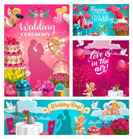Wedding ceremony, love is in the air calligraphy greeting cards. Vector marriage day symbols, bride and groom couples and holiday dinner in Paris. Flower bouquets and cupids, hearts and giftsのイラスト素材