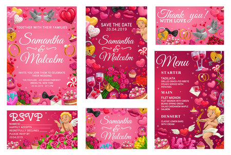 Save the date, bride and groom names calligraphy, menu template and thank you or rsvp wedding card. Vector marriage and love, cupids and engagement rings. Wine and desserts, flower bouquets and birdsのイラスト素材