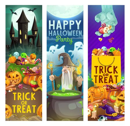 Halloween trick or treat party vector invitation cards with haunted house and horror night monsters. Scary pumpkin lanterns, ghosts and bats, witch hat, zombie and evil wizard, sweets, creepy castleのイラスト素材