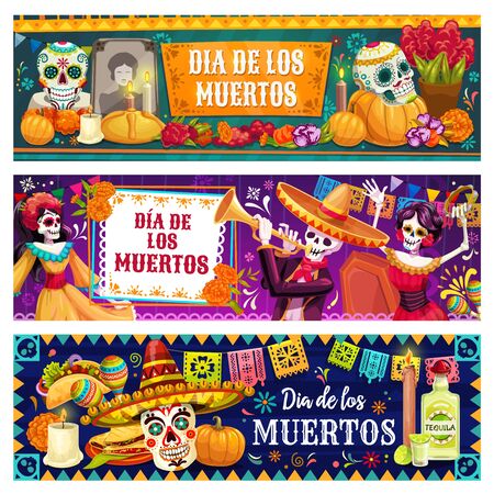 Dia de los Muertos skulls and skeletons vector design of Mexican Day of Dead holiday. Catrina, mariachi and flamenco dancers, sombrero, maracas and sugar calavera, marigold flowers, altar and buntingのイラスト素材