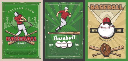 Baseball sport stadium play field with batter and catcher team players, balls and bats, pitcher glove, helmet and uniform cap vector design. Sporting competition match retro postersのイラスト素材