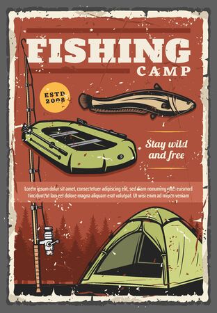Fishing camp retro poster with fish, fisherman and tourist sport equipment. Vector fishing rod, boat, freshwater catfish against background of forest trees. Sporting tournament, outdoor activityのイラスト素材