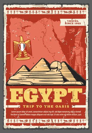 Egypt travel landmarks of Giza pyramids, Sphinx and ancient Egyptian pharaoh vector design of tourism. Great pyramids with map and heraldic eagle of Egypt, Ankh, eye of Horus and Anubis hieroglyphicsのイラスト素材