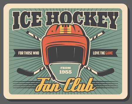 Ice hockey game sport equipment vector design. Sport team players sticks and goalie helmet retro poster, sport club promo, sporting competition or championship match themesのイラスト素材