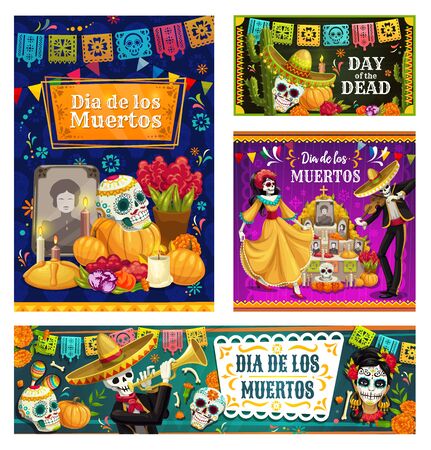 Dia de los Muertos sugar skulls on altar and dancing skeletons vector banners. Mexican Day of the Dead mariachi and Catrina with sombrero, maracas and marigold flowers, cactus, candles and buntingのイラスト素材