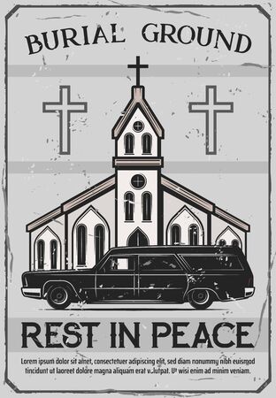 Funeral service, burial ceremony organization agency or company vintage poster. Vector funeral catafalque hearse or coffin car at Christian church with crosses and Rest in Peace RIP textのイラスト素材
