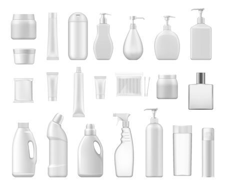 Cosmetic containers and chemical plastic bottles blank 3d packages. Vector cream jar, cotton swabs and toilet or bath cleanser, soap dispenser or perfume atomizer, lotion tube and shampoo bottleのイラスト素材
