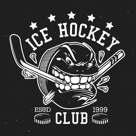 Ice hockey club sign, college sport league t-shirt print template. Vector ice hockey team mascot badge of puck with teeth breaking hockey stick, club championship or victory cup tournament game starsのイラスト素材