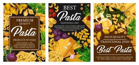 Italian pasta food restaurant menu and Italy cuisine traditional cooking spices. Vector spaghetti, penne and fusilli with farfalle macaroni, fettuccine, tagliatelle pasta with tomato and olive oilのイラスト素材