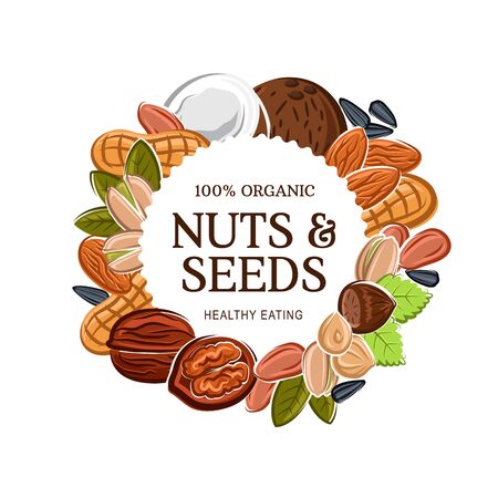 Nuts and natural grains, healthy eating and vegan diet nutrition. Vector 100 percent organic almond, peanut, hazelnut or walnut and pistachio nuts, sunflower and pumpkin seedsのイラスト素材