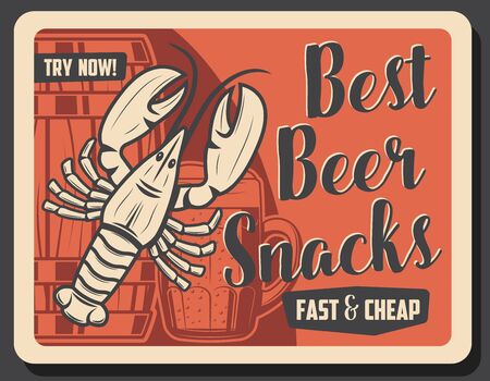 Lobster crayfish and beer drink, vector. Silhouettes of wooden barrel with beer and mug of alcohol frosty drink. Ocean crustacean seafoodのイラスト素材