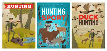 Hunting sport, hunt with wildlife animals and ducks. Vector hunter with rifle and boar, ammunition. Goose and bear, antelope and wolf, mouflon and crossbow. Huntsman, dog and trophiesのイラスト素材