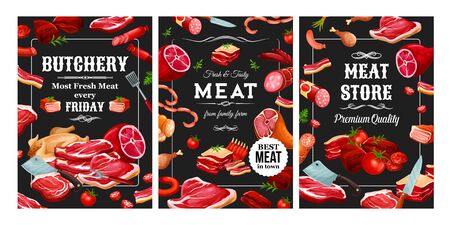 Meat and sausages, butchery food and cutlery. Vector pork and beef, lamb and veal, poultry and seasonings. Bacon and tenderloin, raw fillet and steaks, chicken and vegetables, mutton and beefsteakのイラスト素材