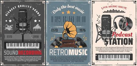 Sound recording, retro music and podcast station. Vector microphone and synthesizer, drum and piano. Song or melody records, headphones and notes. Vintage vinyl disk, gramophone phonographのイラスト素材
