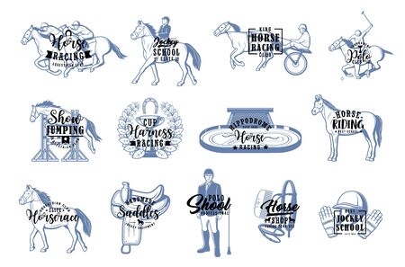 Horse racing and jockey school isolated monochrome . Vector equestrian sport, horses on hippodrome, equine sporting equipment. Racehorse and horse race, saddle and pole club, harness cupのイラスト素材