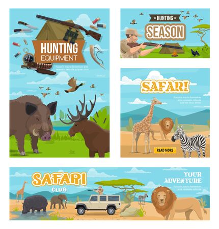 African safari hunt, hunting open season, wild animals and birds. Vector hunter equipment, rifles and traps, elk, boar and deer antlers trophy, elephant, lion or zebra and hippo huntのイラスト素材
