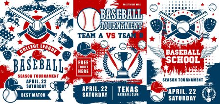 Baseball sport championship, school or college team club. Vector professional baseball players, sport equipment, tickets, winner tournament cupのイラスト素材