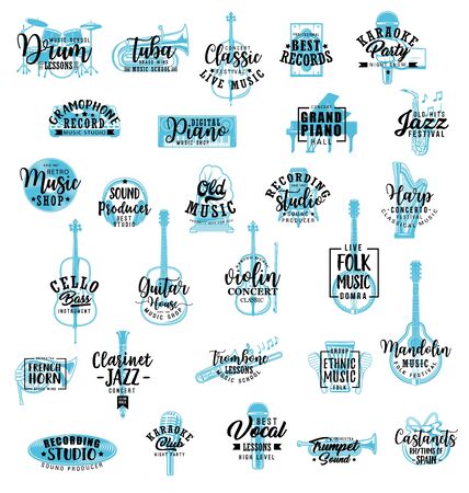Musical instruments and festival lettering icons. Vector gramophone, vinyl record, saxophone and guitar, trombone and harp, piano and tuba, violin music concert sign and folk dombra or hornのイラスト素材