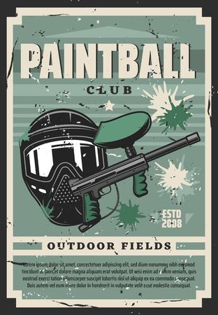 Paintball club shooting equipment, vector. Sport game, paint ball gun and protective tinted mask surrounded by blots. Gamer shooting target, weapon and rifleのイラスト素材