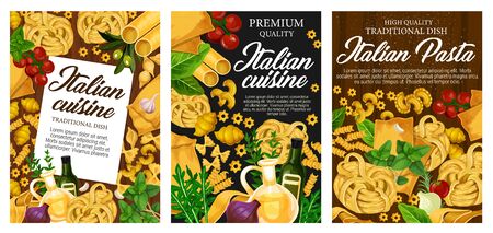 Italian cuisine pasta, traditional dishes. Vector homemade conchiglie, gnocchi and farfalle. Noodles, spaghetti, macarones and lasagna with cooking spices and herbs, olive oil and seasoningsのイラスト素材