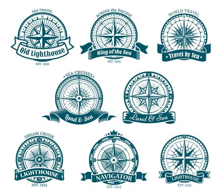 Wind rose navigation and orientation compass icons. Vector retro compass with directions South and West, North, East. Old lighthouse, world cruise travel, nautical cartographyのイラスト素材