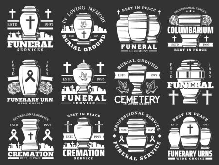 Funeral ceremony and cremation service, cemetery and funerary urns isolated icons. Vector burial agency, columbarium, crosses and tombs. Memory inscriptions, rest in peace, RIP and doves, graveyardのイラスト素材