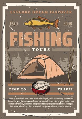 Fishing and travel tours, tourism. Vector camping tent and sport equipment, fishery rods, compass navigation tool. Tackles and fish, trees in forest and temporary hiking awningのイラスト素材