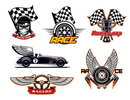 Motor sport symbols, racing club isolated icons. Vector racer in protective helmet, racing checkered flag and winged tire wheel, championship winners trophy cupのイラスト素材