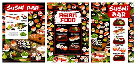 Sushi bar menu, japanese seafood cuisine. Vector sushi rolls and sauces, oshi zushi and uramaki, gunkan-maki and futomaki. Temaki rolls and chopsticks, sashimi, unagi, ginger and wasabiのイラスト素材
