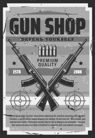 Gun shop, defend yourself retro ammunition store. Vector hunting equipment, shooting weapon, targets or aims and gunshot bullets. Vintage store sale rifles and revolvers, self defense and protectionのイラスト素材