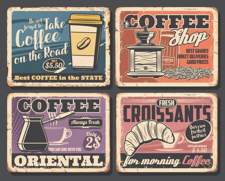 Coffee shop. Vector arabic coffee in turk, beans in grinder mill, disposable cup of best drink, croissant. Americano and espresso, latte oriental energetic beverageのイラスト素材