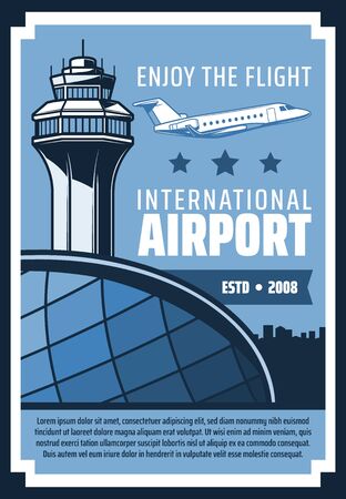 Vector airplane in airport terminal with air traffic control tower, passenger aviation and airline jet flights. Air travel and tourism, poster of international airport or travel themeのイラスト素材