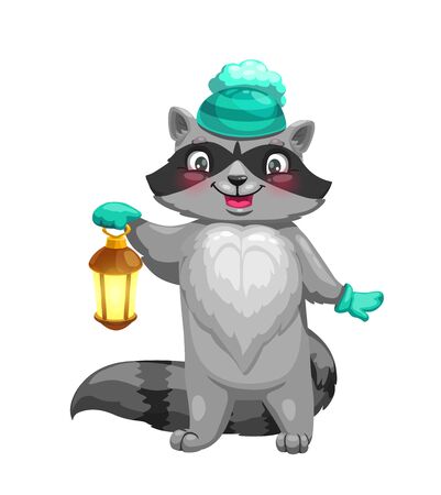 Raccoon animal wearing hat and gloves with lantern cartoon character. Funny vector racoon with gray and black facial mask and striped tail. Cute coon, woodland wildlife or zoo mascot designのイラスト素材