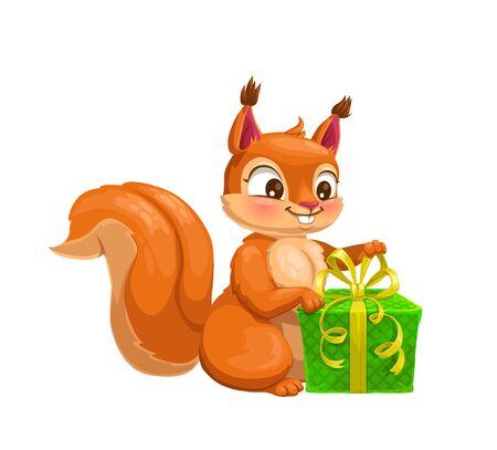 Squirrel with gift box cute cartoon character. Vector woodland animal with red fur, fluffy tail and present, decorated by ribbons and bow. Wildlife mammal or rodent pet mascot designのイラスト素材