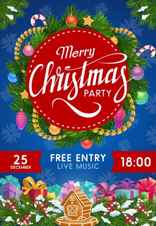 Christmas party invitation vector design with Xmas wreath of gifts and balls. New Year winter holidays presents, ribbon bows and snow, pine tree branches, stars and candy canes, snowflake and tinselのイラスト素材